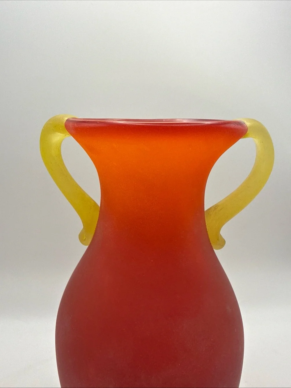 Murano Style Glass Vase Amphora Roman Style Red w/ Yellow Scroll Handles Scavo
